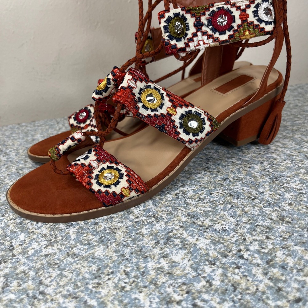 Women's Size 8 Brown Embroidered Mirror Lace Up Block Heel Boho Sandals